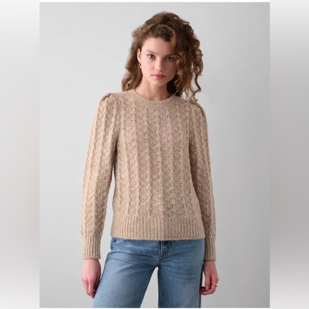 White + Warren Oat Straw Plush Alpaca  Blend Pointelle Puff Crewneck Sweater